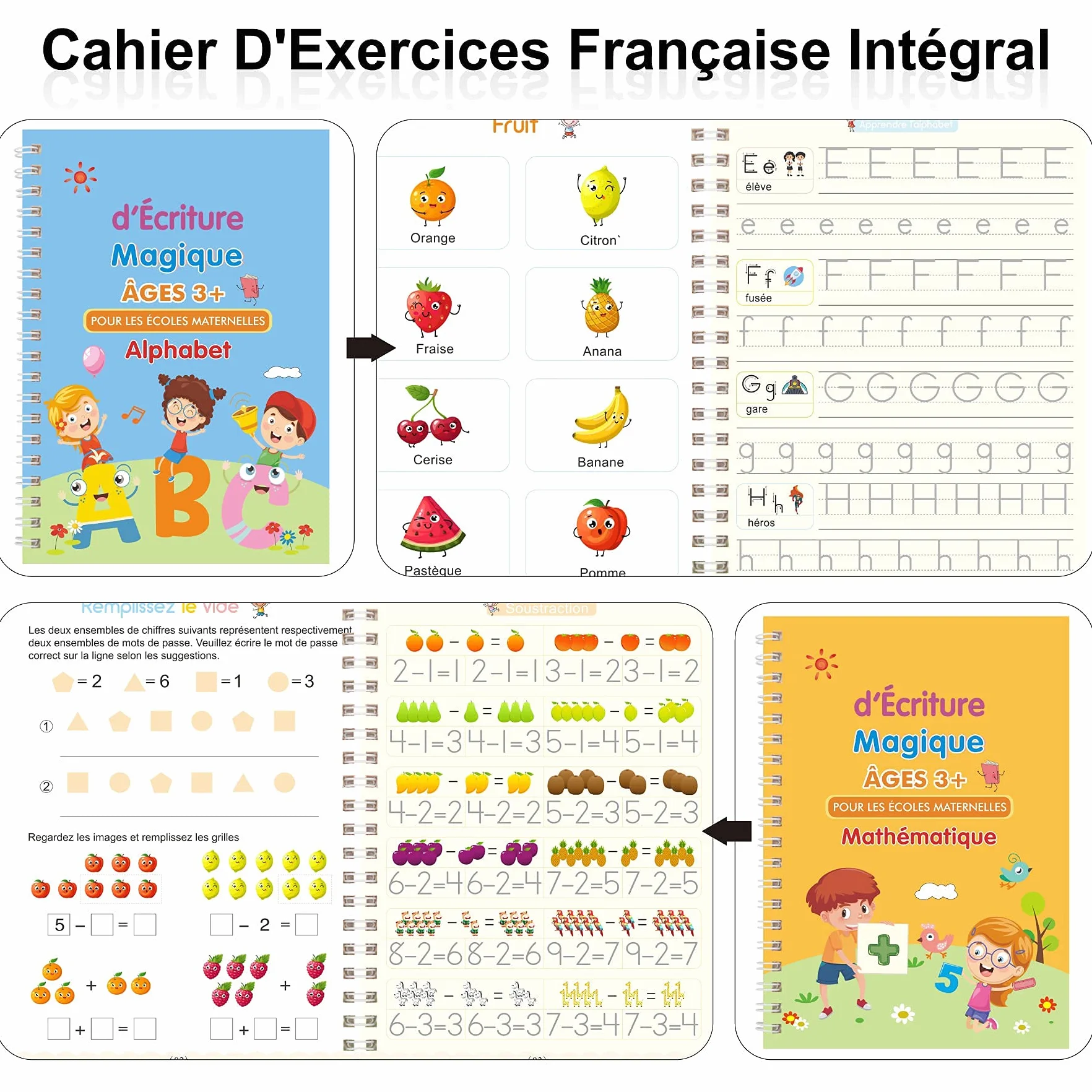 Larcenciel Cahier Ecriture Maternelle En Français, 4 Livres Calligraphie Enfant Magique + 1 Stylo + 5 Recharges + 1 Grip, Cahier De Vacances CP Vers CE1 CE2, Guide Doigts Ecriture Enfant pour 3-5 Ans