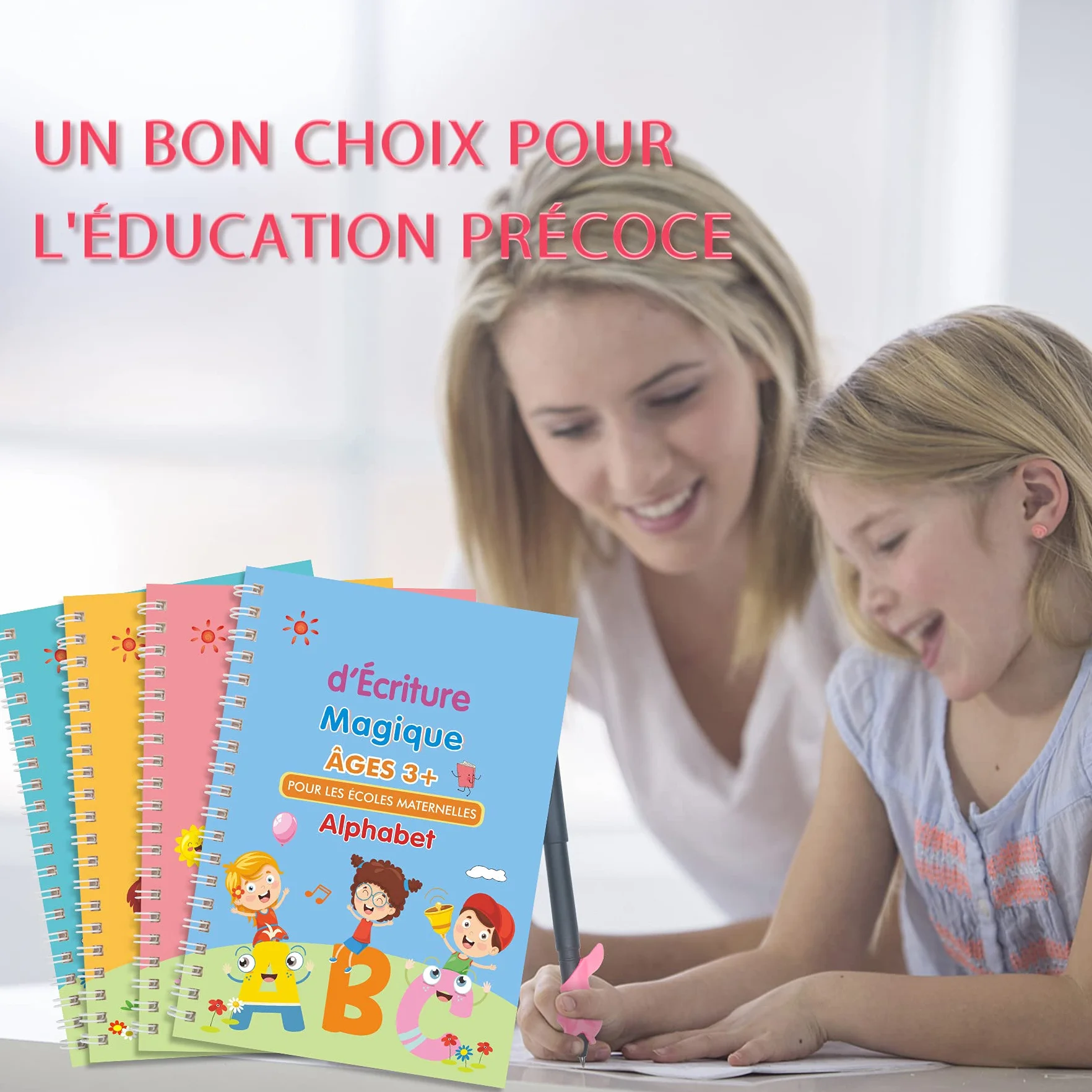 Larcenciel Cahier Ecriture Maternelle En Français, 4 Livres Calligraphie Enfant Magique + 1 Stylo + 5 Recharges + 1 Grip, Cahier De Vacances CP Vers CE1 CE2, Guide Doigts Ecriture Enfant pour 3-5 Ans