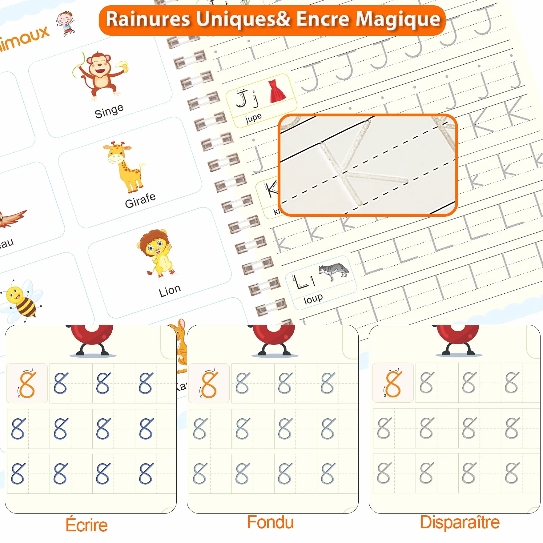 Larcenciel Cahier Ecriture Maternelle En Français, 4 Livres Calligraphie Enfant Magique + 1 Stylo + 5 Recharges + 1 Grip, Cahier De Vacances CP Vers CE1 CE2, Guide Doigts Ecriture Enfant pour 3-5 Ans