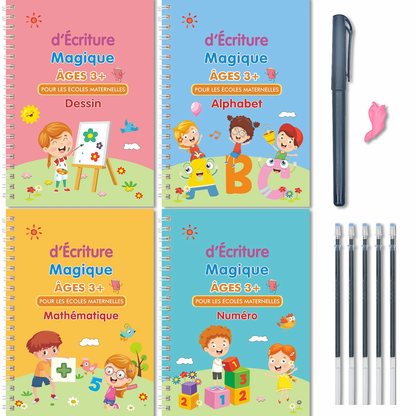 Larcenciel Cahier Ecriture Maternelle En Français, 4 Livres Calligraphie Enfant Magique + 1 Stylo + 5 Recharges + 1 Grip, Cahier De Vacances CP Vers CE1 CE2, Guide Doigts Ecriture Enfant pour 3-5 Ans