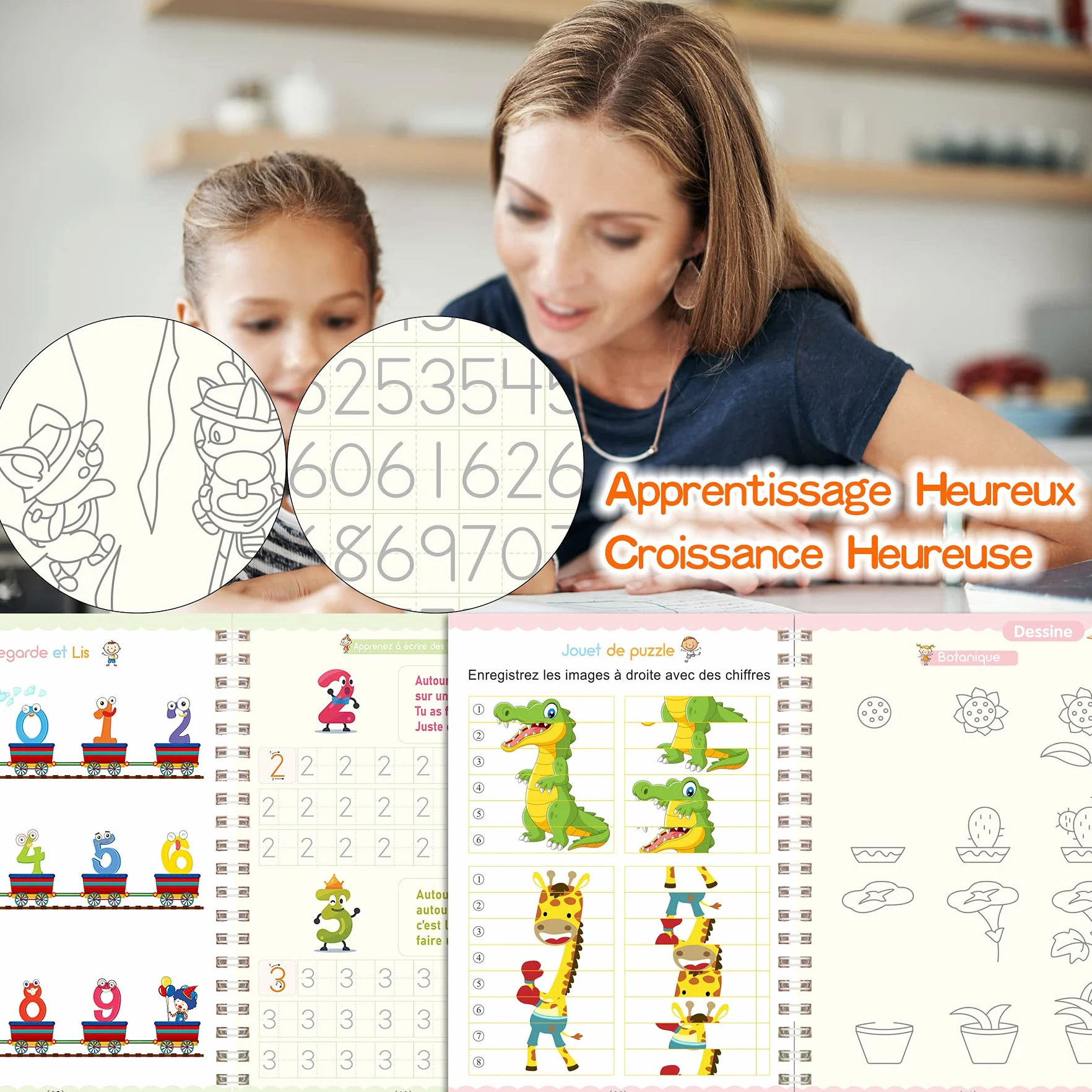 Larcenciel Cahier Ecriture Maternelle En Français, 4 Livres Calligraphie Enfant Magique + 1 Stylo + 5 Recharges + 1 Grip, Cahier De Vacances CP Vers CE1 CE2, Guide Doigts Ecriture Enfant pour 3-5 Ans